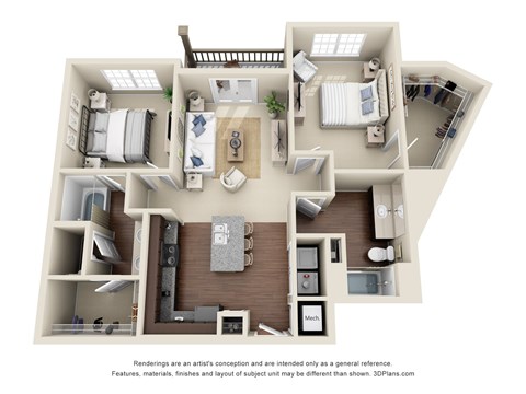 Floor plan for 2 beds, 2 baths, 1145 sqft